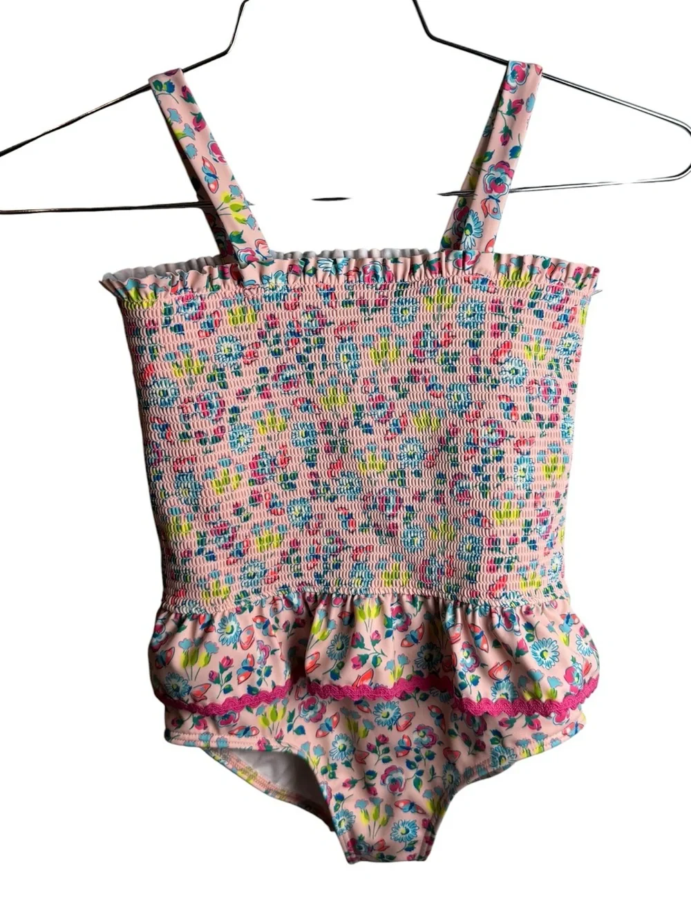 Mini Boden Peplum Smocked Swimsuit Chalk Pink Butterfly Floral 7-8Y